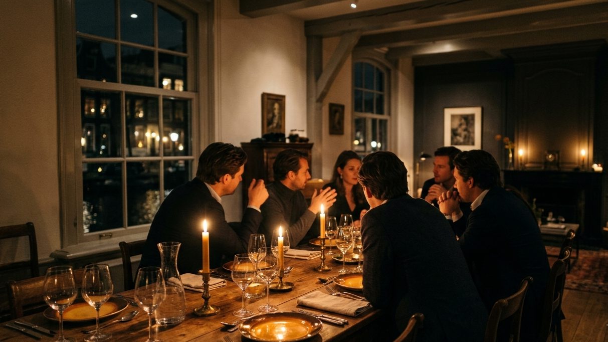 A long table of people eating and talking together by candlelight in a warm, low-lit room.